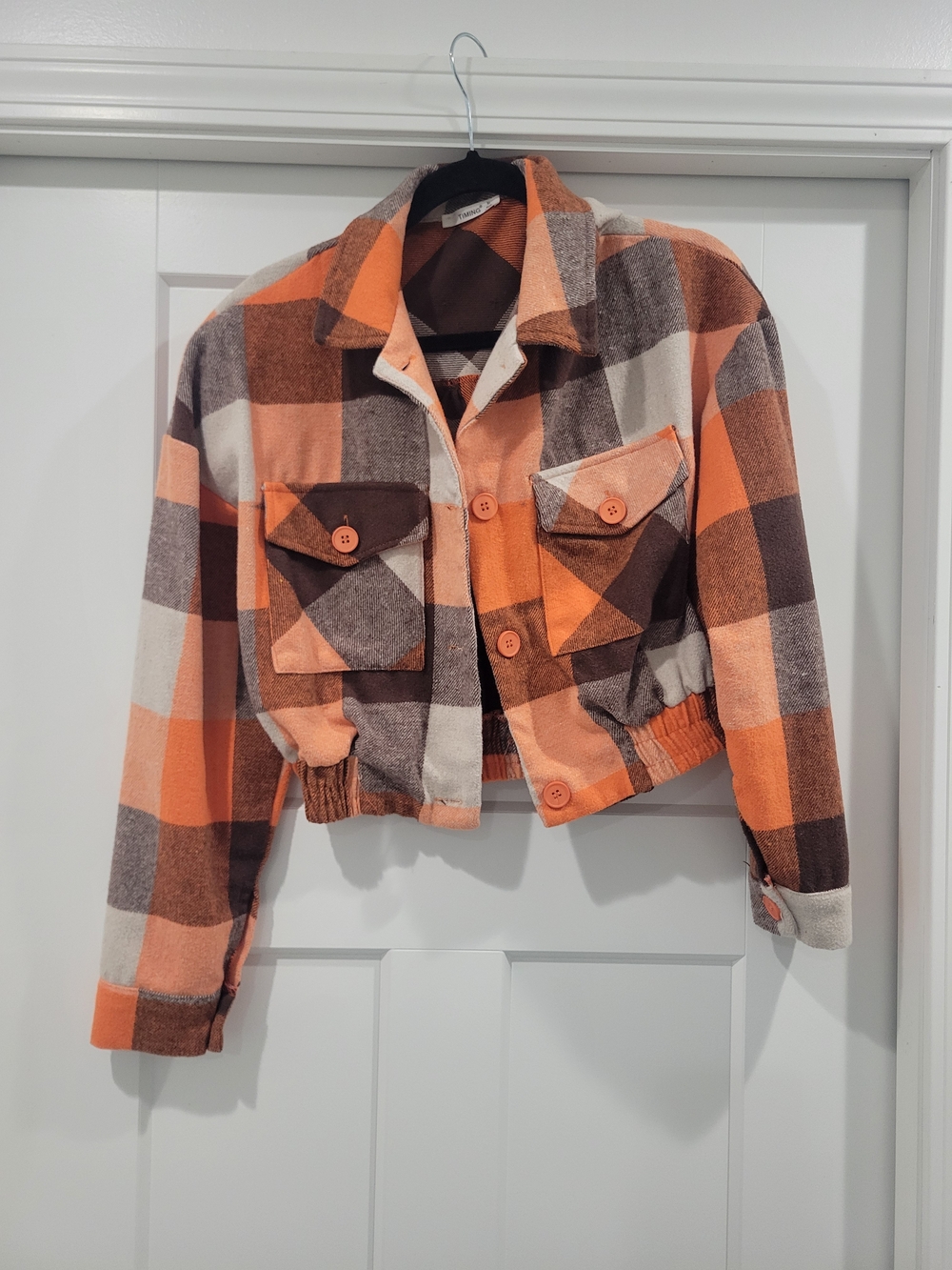 Timing Cropped Plaid Jean Shacket in Orange, Brown & Cream